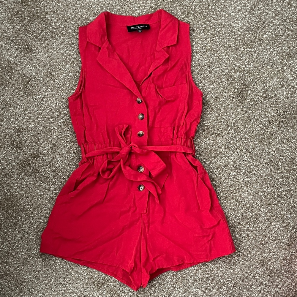 KITTENISH Vibrant Red Notch-Collar romper